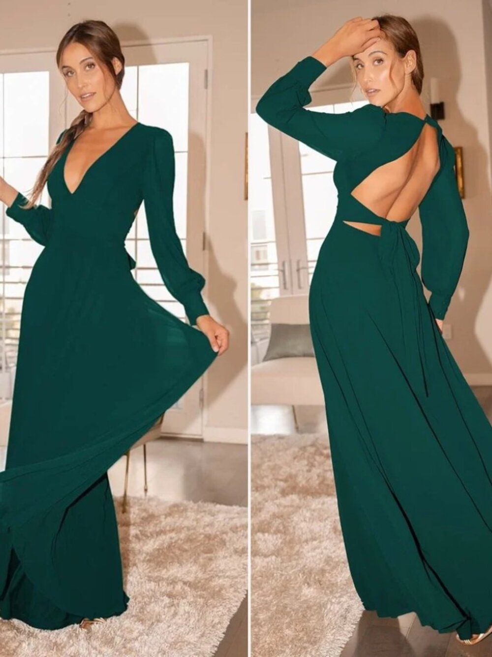 Lulu's Talk About Divine Hunter Green Long Sleeve Backless Maxi Dress NWT